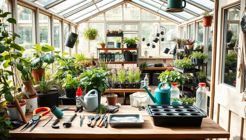 A cozy and well-equipped greenhouse interior, bathed in soft natural light filtering through the glass panes. In the foreground, an array of garden tools and accessories neatly arranged on a wooden workbench, including pruning shears, watering cans, and a propagation tray. The middle ground showcases various potted plants, from lush leafy greens to vibrant flowering specimens, meticulously cared for. In the background, shelves and racks display an assortment of gardening supplies, from seed packets to soil amendments, all within easy reach. The overall atmosphere is one of organization, productivity, and a passion for cultivating a thriving indoor garden oasis.