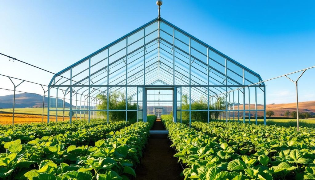 A lush, verdant greenhouse set against a backdrop of rolling hills and a clear blue sky. The structure is made of gleaming glass panels and sturdy metal frames, allowing ample natural light to flood the interior. Rows of thriving plants and vegetables occupy the foreground, their leaves gently swaying in a soft breeze. The greenhouse is bathed in a warm, golden glow, creating a serene and inviting atmosphere. A sense of abundance and potential fills the scene, conveying the idea of a bountiful harvest and the benefits of owning a greenhouse. The image should inspire a feeling of tranquility and the promise of a successful gardening endeavor.