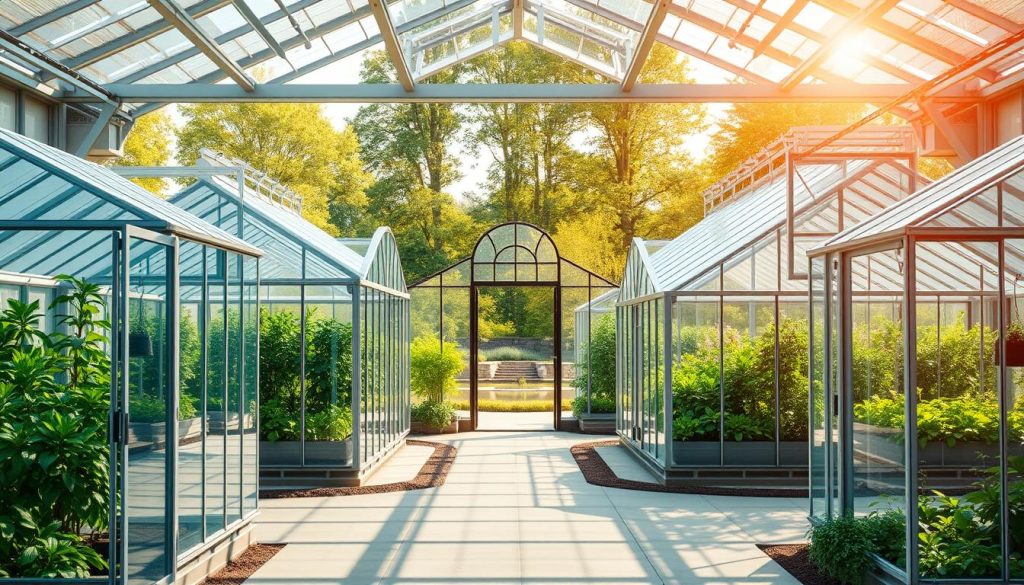 A sleek, modern greenhouse showcase, bathed in warm natural light. In the foreground, various greenhouse structures stand in comparison - from traditional glass panels to innovative polycarbonate designs. The middle ground reveals lush, thriving plants in each greenhouse, highlighting their unique features and advantages. The background showcases a scenic garden setting, with a serene pond reflecting the structures. Crisp, high-quality photography captures the scene, emphasizing the materials, construction, and functionality of these diverse greenhouse options. The overall composition conveys a sense of authority and expertise, suitable for an informative article on greenhouse selection.
