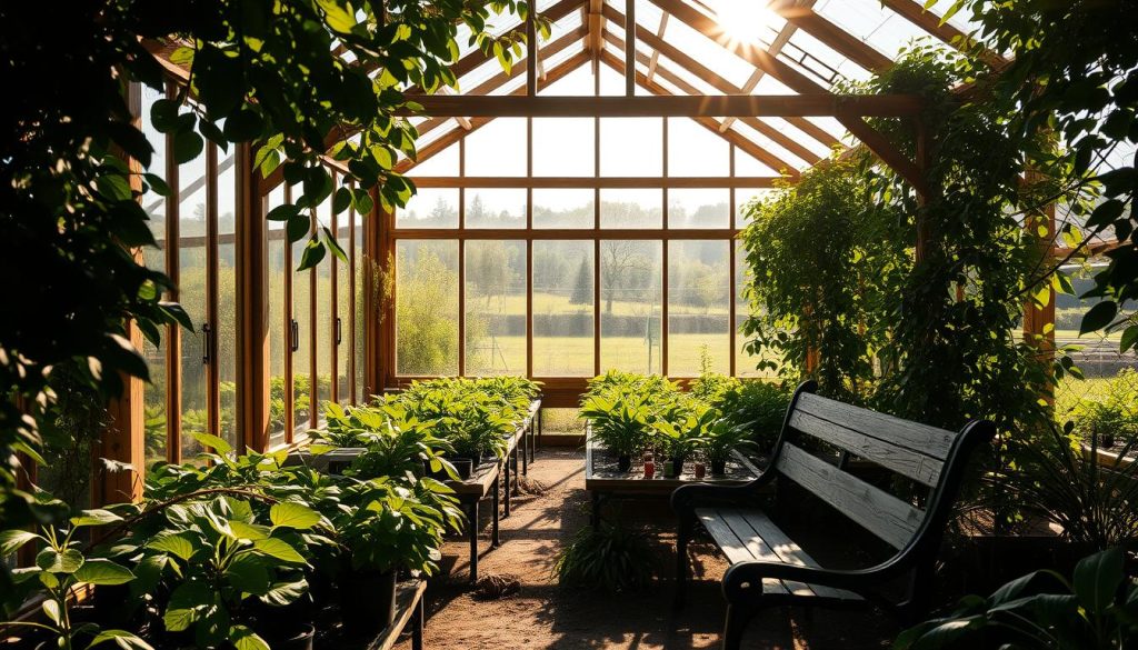 A sun-dappled greenhouse nestled amidst lush foliage, its glass panels gleaming in the warm afternoon light. Rows of verdant plants thrive beneath the sheltered structure, their leaves gently swaying. The greenhouse's wooden frame casts intricate shadows, creating a play of light and shadow that imbues the scene with a sense of tranquility. In the foreground, a weathered gardening bench invites contemplation, while the background reveals a verdant landscape beyond, hinting at the nurturing environment the greenhouse provides. This serene, well-appointed greenhouse serves as a testament to the thoughtful considerations that go into its selection and setup.