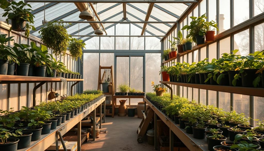 A well-lit, airy greenhouse interior with verdant plants thriving under the warm, diffused sunlight filtering through the glass panes. Structured rows of potted plants and seedlings line the shelves, interspersed with neatly organized gardening tools and supplies. The scene conveys a sense of tranquility and productivity, inviting the viewer to imagine the satisfying process of tending to a flourishing indoor garden. The overall mood is one of serene productivity, with clean lines, balanced composition, and a harmonious color palette of muted greens, browns, and earthy tones.